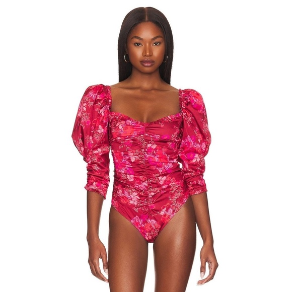 NEW For Love And Lemons Red Floral Print  Ruched Puff Sleeve Bodysuit Blouse XS - Picture 10 of 15